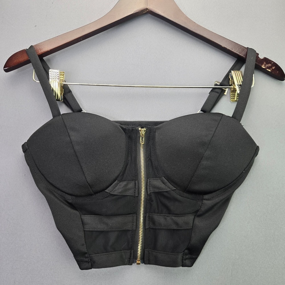 HL Corset Crop Top Bustier Zip Front Mesh Panel Size M Black Sexy Edgy Y2K